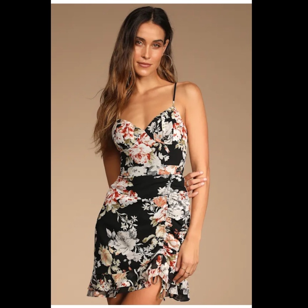 Lulu’s Black Floral Ruched Drawstring Mini Dress